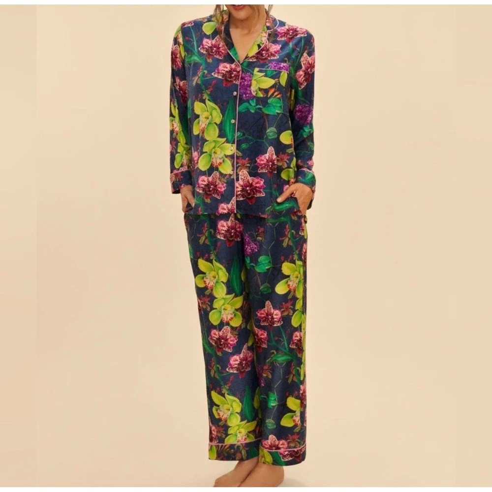 Powder Pajama set Exotic Evening long sleeve button down floral S classic boho